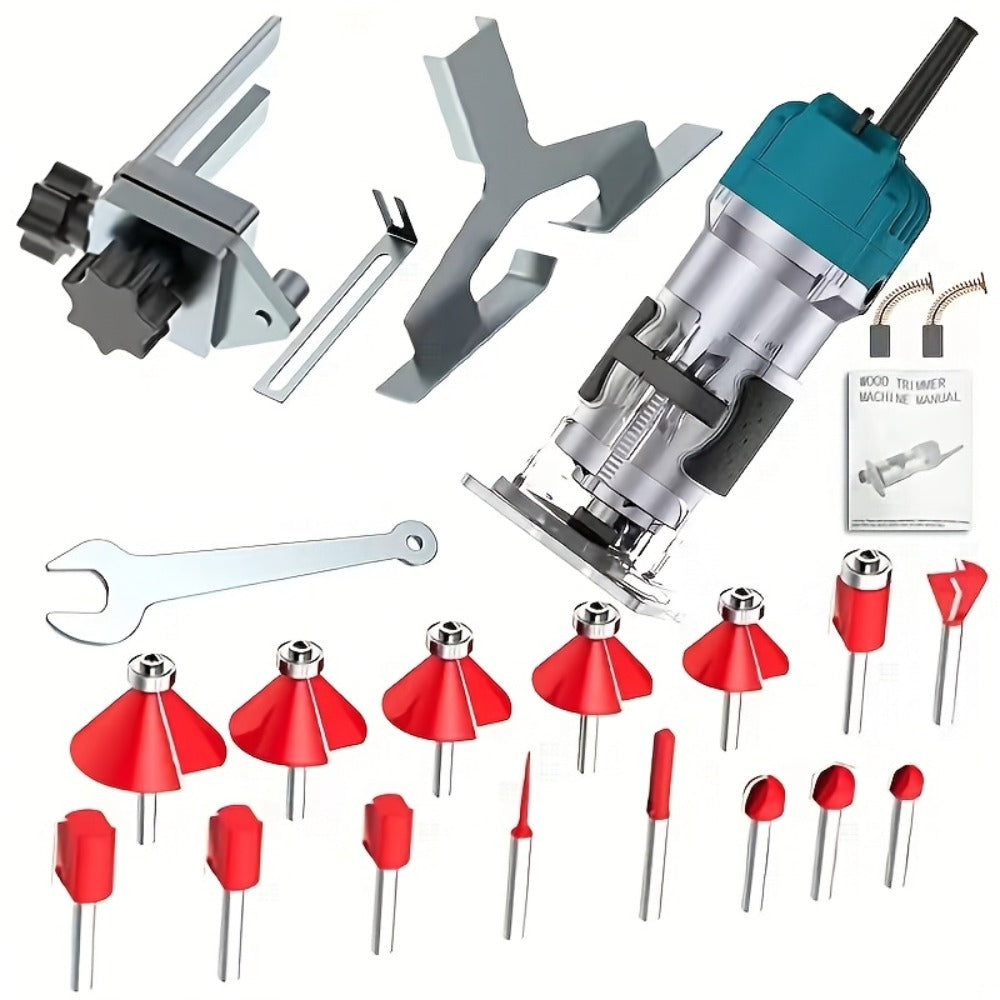 Wood Router Carving Machine Electric Trimmer – Wood Slotting, Drilling & Engraving Tool with Optional 15pc Milling Cutter Set, for Woodworking, Furniture Making & DIY Crafts