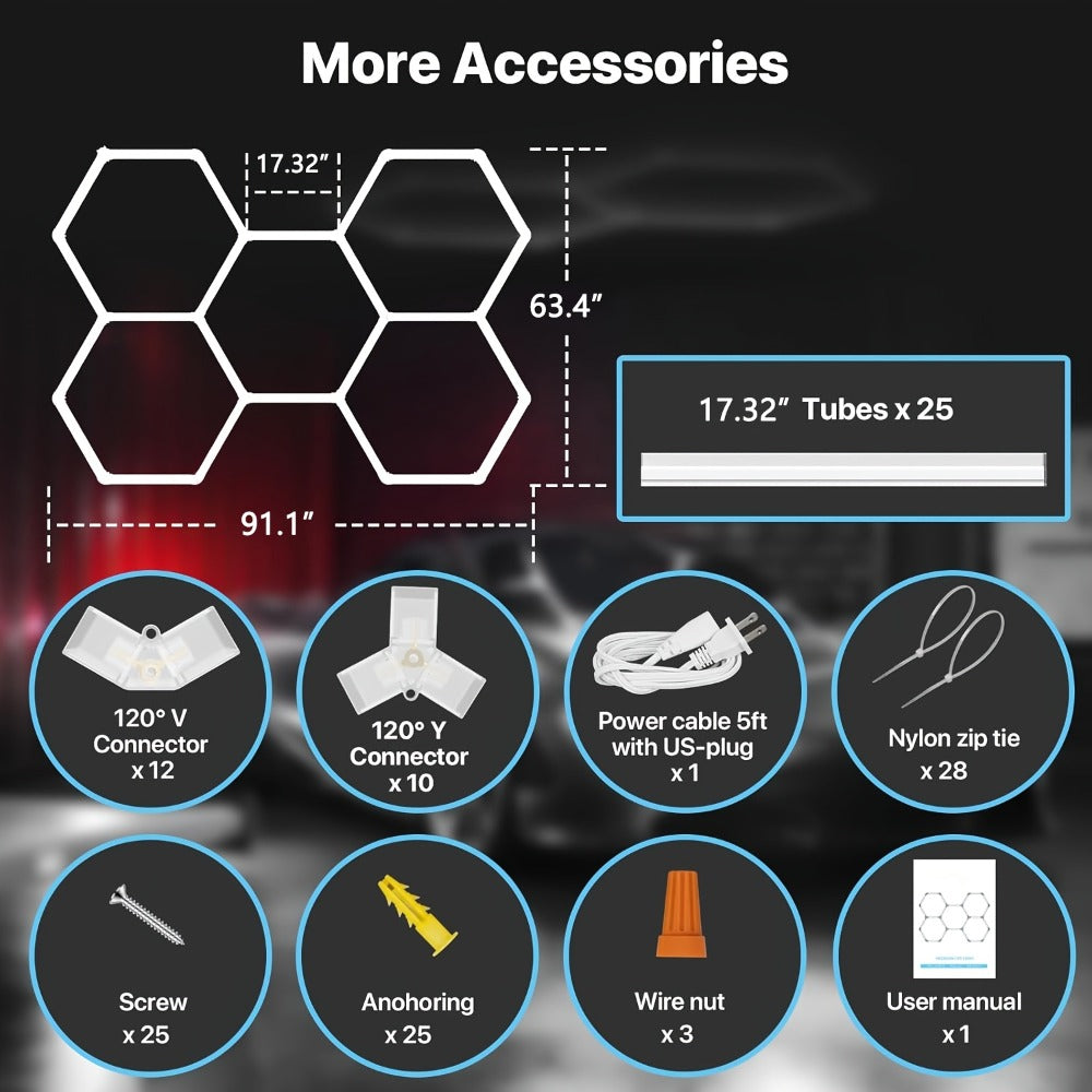 LED Hexagonal Garage Light 6500K – Super Bright Daylight White Shop Light 42W–620W for Auto Detailing, Warehouse, Workshop, Basement & Gym (1 to 32 Grids, Hex Frame Available)