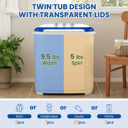 Portable Twin Tub Washing Machine with Spin Dryer, Gravity Drain and Time Controls
