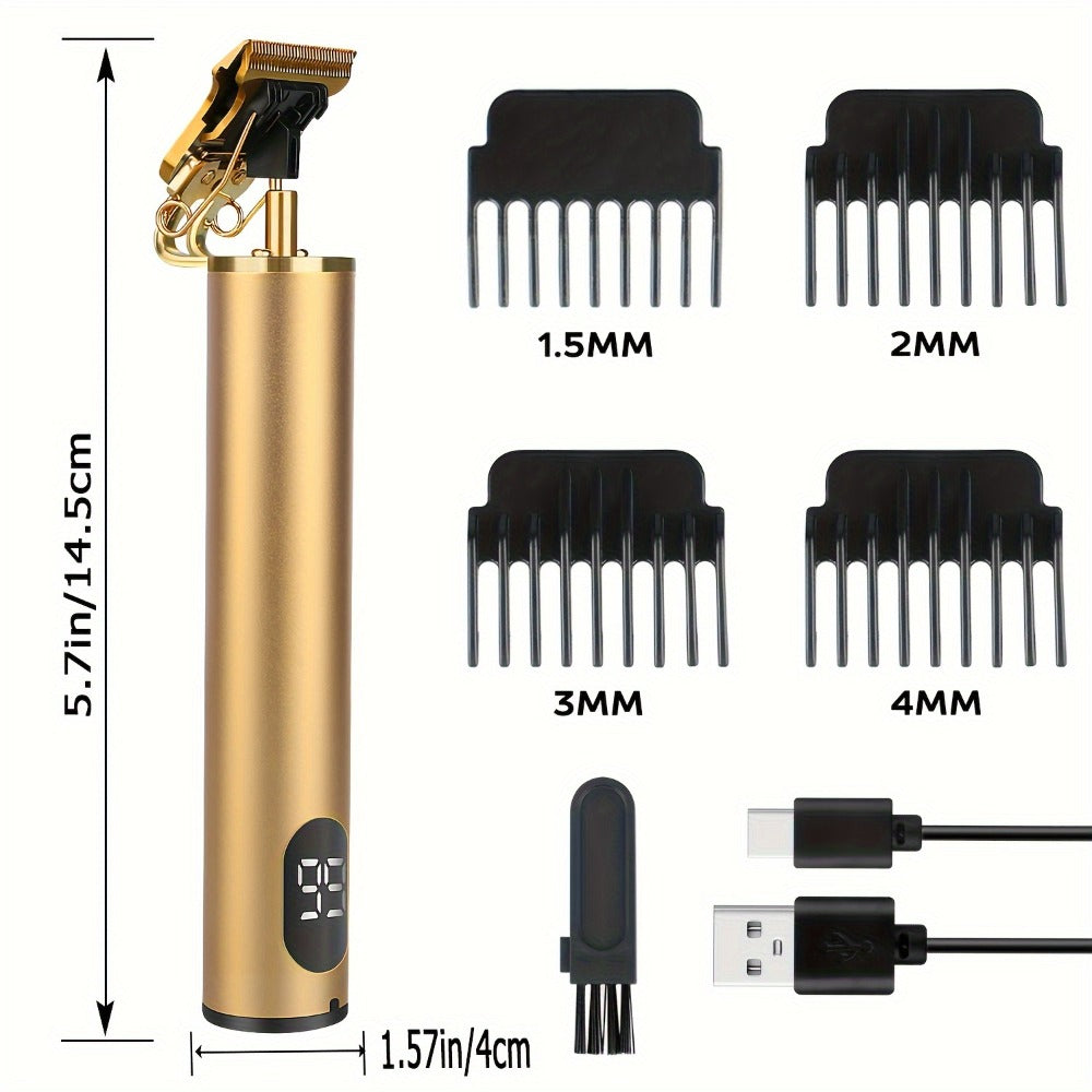 T-Blade Trimmer for Men Cordless Rechargeable - Nano Titanium Alloy Blades LED Display 4 Guide Combs 1.5-4mm - Pro Electric Hair Clipper for Hairline Fade Outline Beard Sculpting Black & Gold