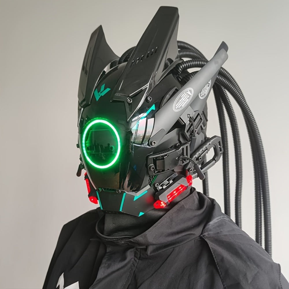 LED Punk Mask with Tubular Braids & Helmet – Futuristic Sci-Fi Mechanical Cosplay Mask for Halloween, Rave Music Festival & Party, Blue Green Pink, Handmade TPU PC Unisex Adult Costume Prop