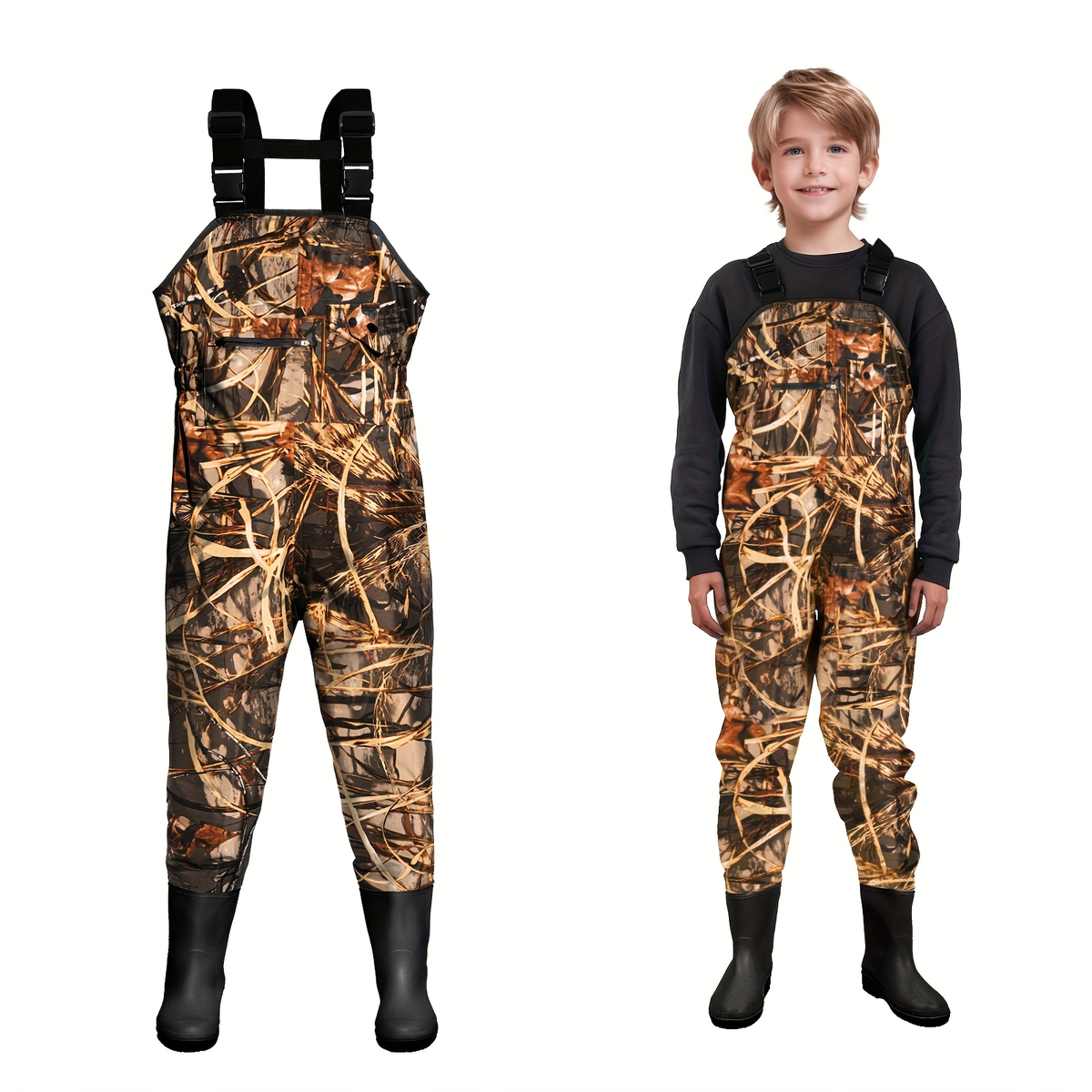 Kids Chest Waders Waterproof with Attached Boots - Youth Nylon Fishing & Hunting Waders, Cartoon Stripe Design, Lock Closure, Ages 4-13, Christmas & Easter Gift for Boys & Girls