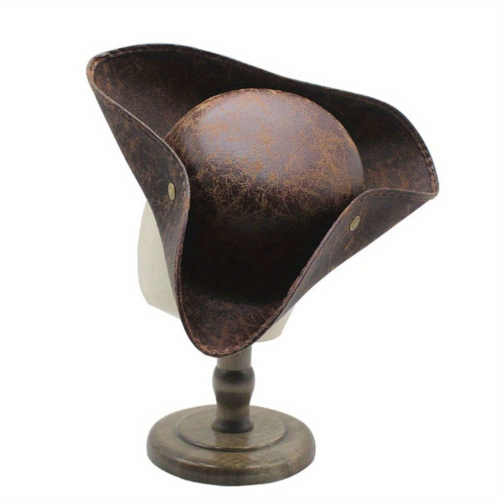 Pirate Tricorn Costume Hat with Distressed Faux Leather Look, Black or Brown