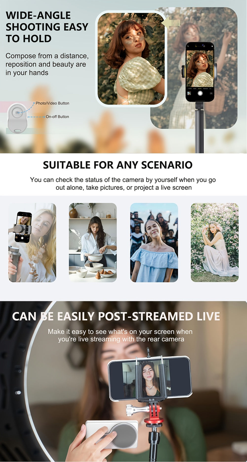 Wireless Selfie Monitor Screen for iPhone Android – 2500mAh Battery, Remote Control, 3-Level Brightness & Wide Screen Mode, Use Phone Rear Camera for Selfie Vlog No-Delay Live Streaming TikTok YouTube
