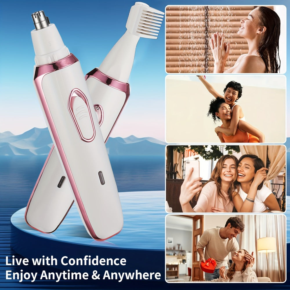 4-in-1 Electric Hair Remover for Women USB Rechargeable Shaver Trimmer – Eyebrow Nose Face Leg Bikini Line Underarm Peach Fuzz Removal Stainless Steel Blades Portable Travel Gift