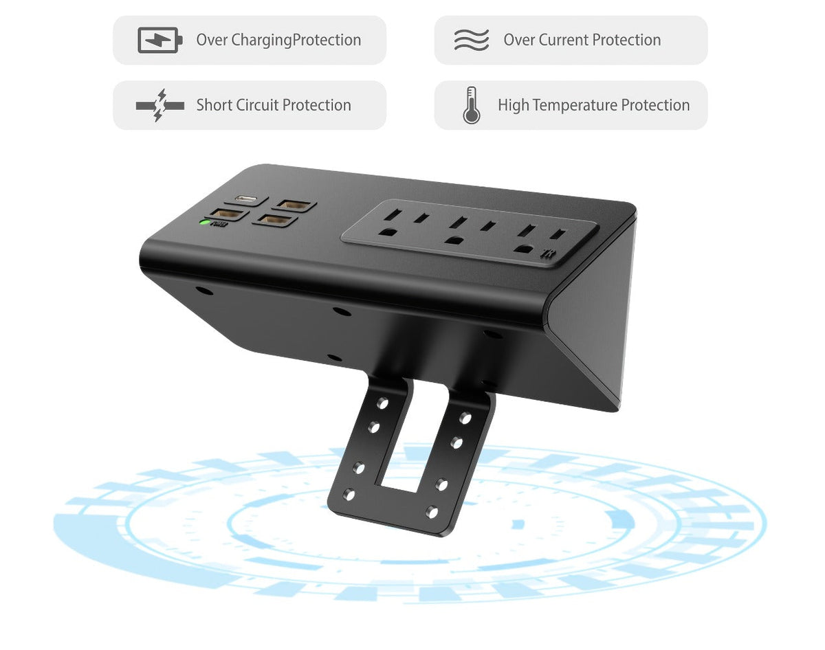 Desk Edge Mount Power Strip 7-in-1 with PD 20W USB-C Fast Charging, Screw & Clamp Mount, 5.6ft Extension Cord, Power Indicator Light – Under-Desk Charging Station for Office, Dorm & Hotel
