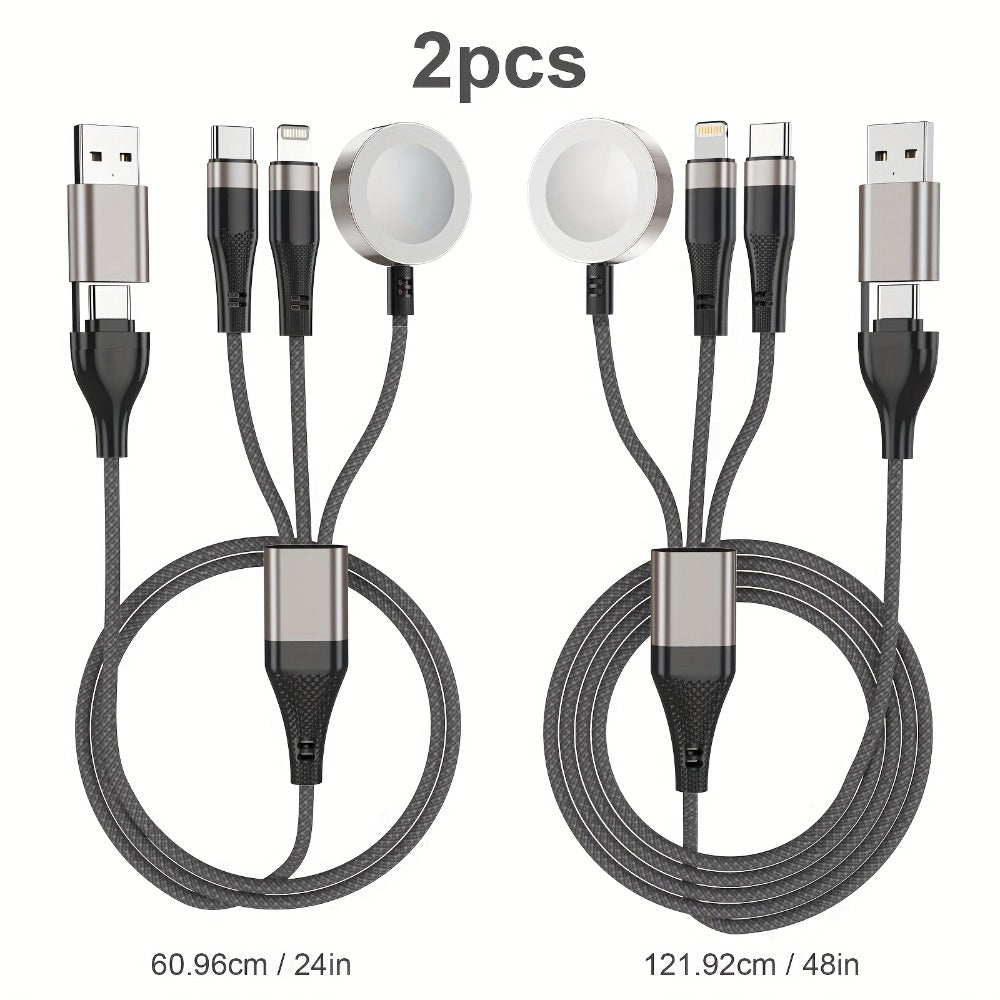 Multi Charging Cable 3-in-2 Fast Charging Set of 2, Compatible with Apple Watch Ultra Series 10 9 8 7 6 SE iPhone 16 15 14 13 12 Samsung Galaxy, USB-C & USB-A, 2FT + 4FT Portable Cord Combo