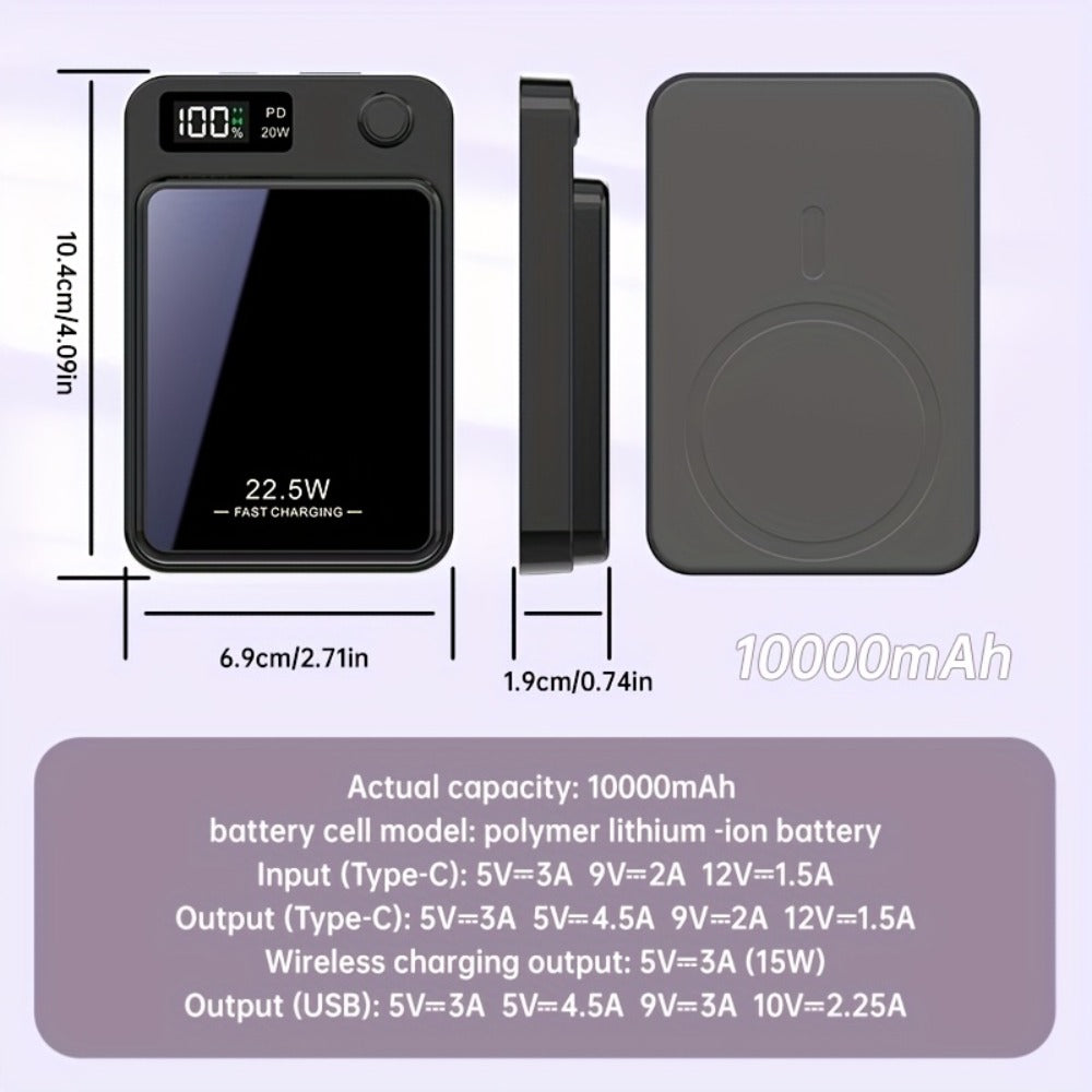 Magnetic Wireless Power Bank 10000mAh MagSafe Compatible 22.5W USB-C Fast Charging with LED Display – Portable Snap-On Battery Pack for iPhone 16 15 14 13 12 Series & Android Smartphones