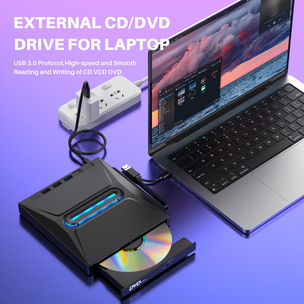 8-in-1 Luminous External CD DVD Drive USB 3.0 & Type-C - Portable CD/DVD±RW Burner Player Hub with 3 USB Ports, TF/SD Card Reader, Compatible with Laptop Desktop PC Windows Linux