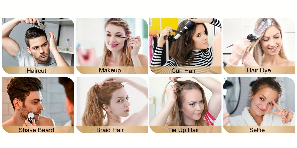 360° LED Self Hair Cutting Mirror – Anti-Fog HD Glass, Touch Dimming LED Light, USB Rechargeable 1500mAh, Door/Wall/Table Mount, DIY Home Barber Mirror for Men & Women
