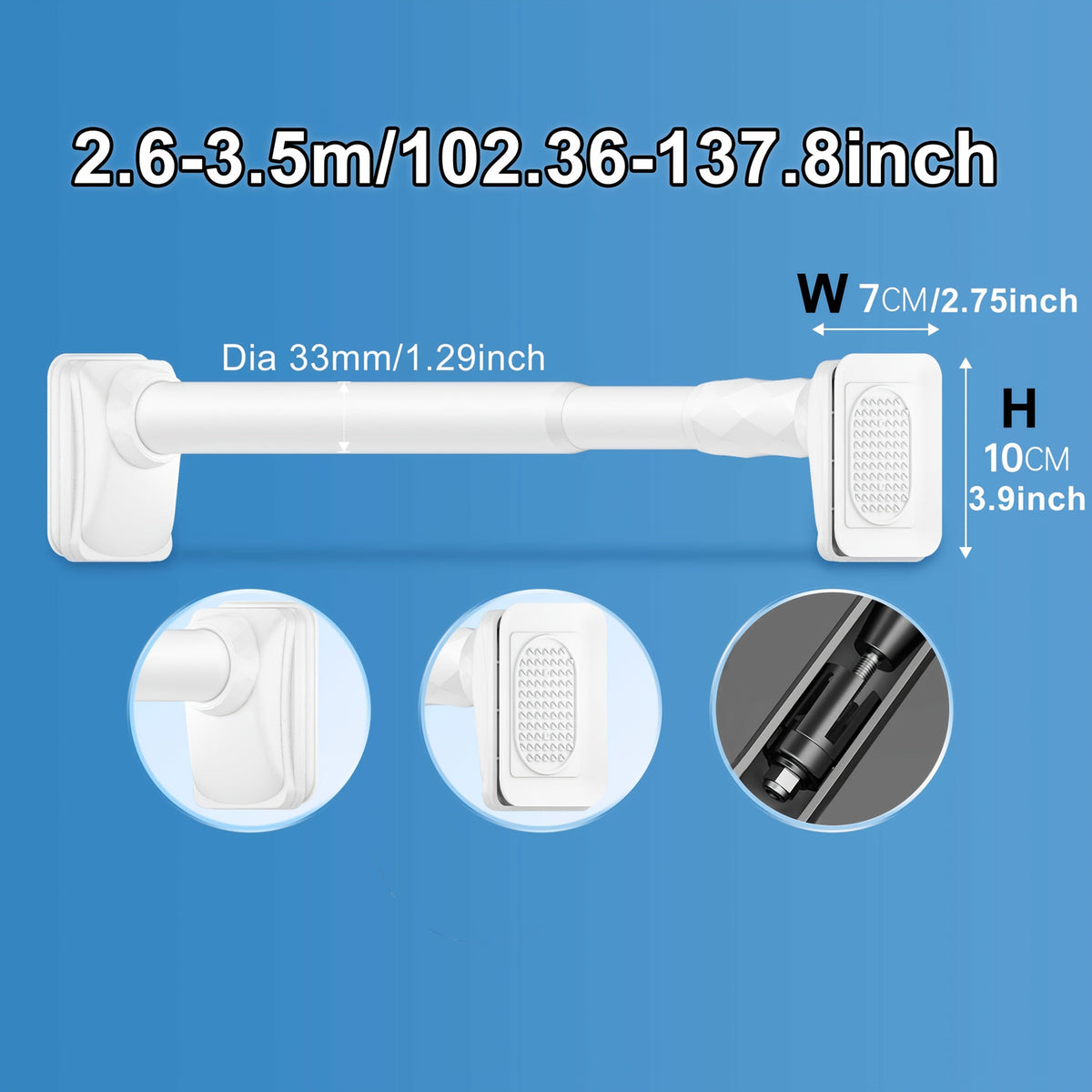 Telescopic Curtain Rod No Drill 15.75"-196.85" Adjustable Shower Curtain Rod 33mm for Large Windows