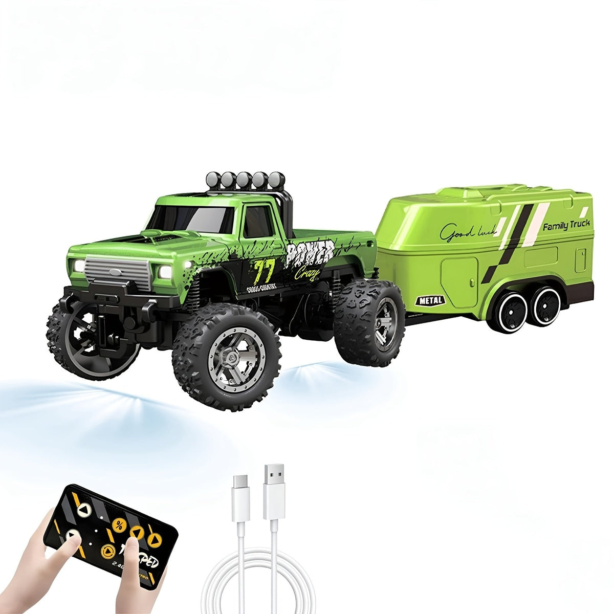 Mini RC Off-Road Truck with Trailer 1:64 Scale Die-Cast Remote Control Car – 2.4GHz Climbing Vehicle with Lights Rechargeable Adjustable Speed | Pocket-Sized RC Toy for Boys | Best Birthday Christmas Gift