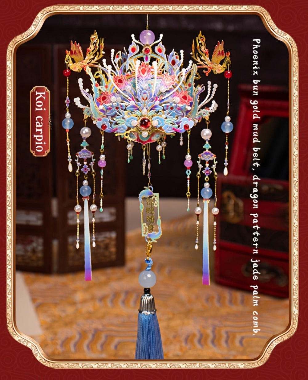 3D Metal Puzzle Phoenix Crown Qingluan – Blue & Gold DIY Assembly with Beads & Tassels, Chinese Mythology Art Collectible, Unique Romantic Gift for Girlfriend Boyfriend Birthday Anniversary