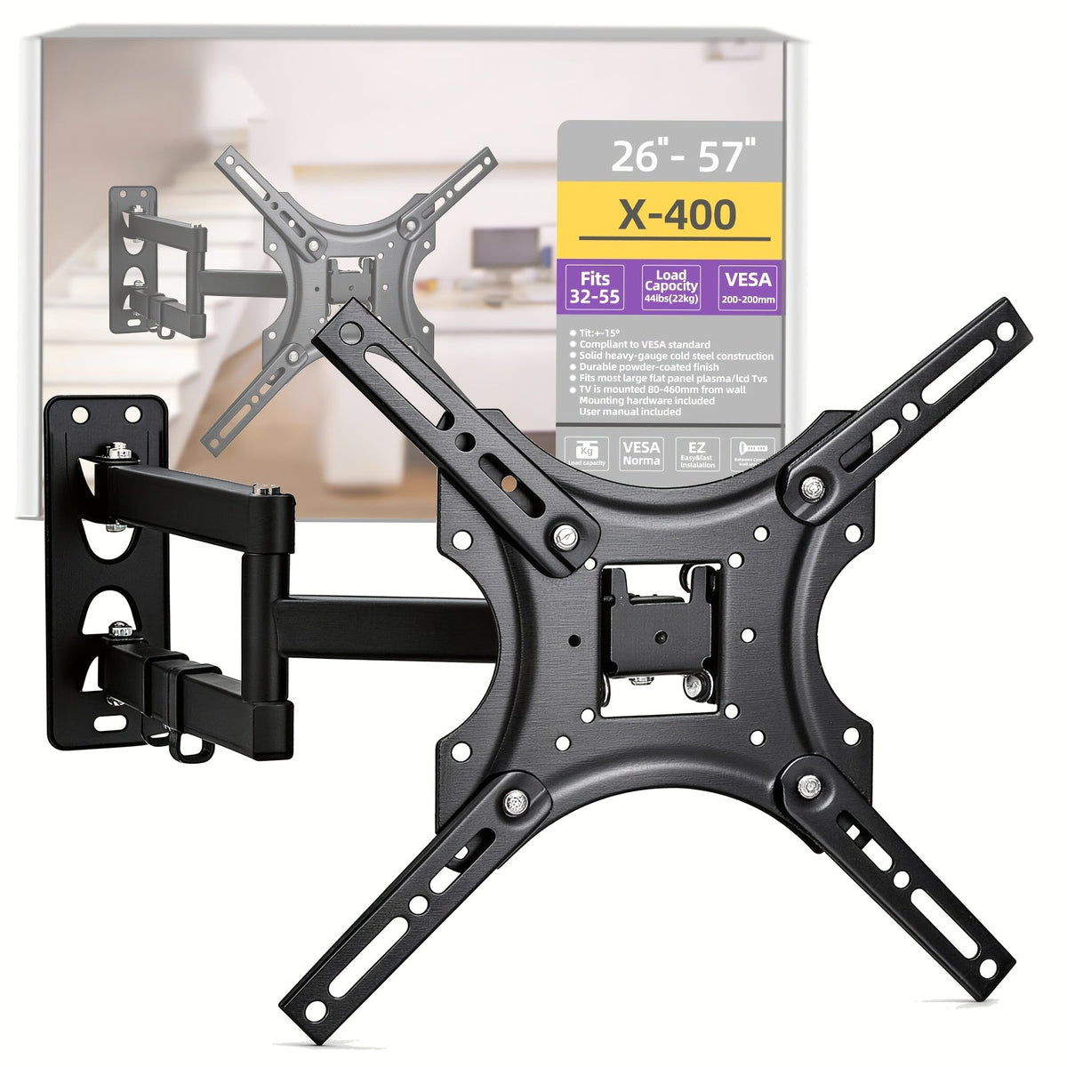 Slim Low Profile TV Wall Mount 26-57 Inch 66 lbs – Full Motion Articulating Dual Arms Swivel Tilt Extend, VESA Compatible, Easy Installation, Black Bracket for Small Mid-Size Flat Screen TVs