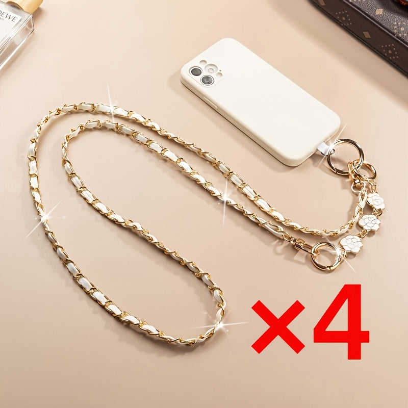 Crossbody Phone Strap Long Chain Pearl Camellia Metal Charm Elegant Lanyard for Women Girls – Clip-On Universal Fit iPhone Samsung Black White 2-5pcs Gift Set