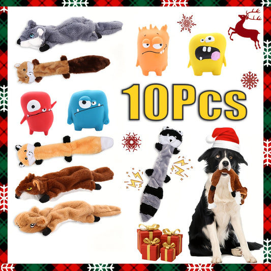 No-Stuffing Plush Dog Toys with Crinkle & Squeaky Sounds, 10-Pack Random Designs
