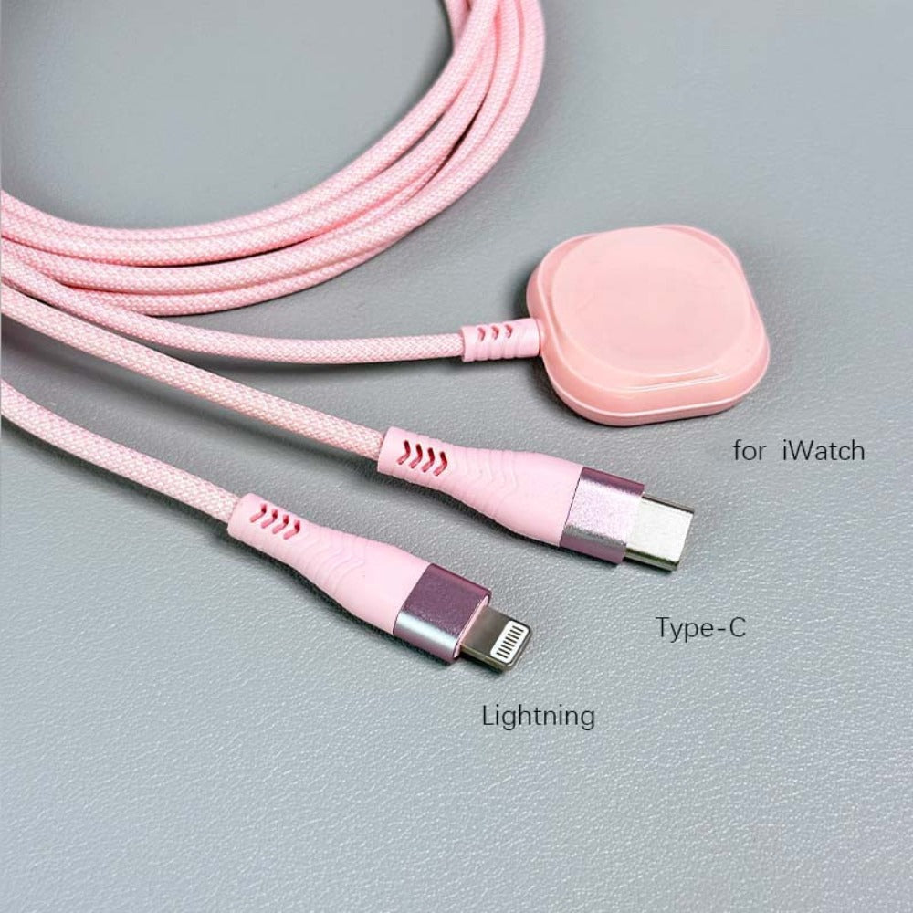 3 in 1 Charging Cable 6FT Nylon Braided USB-A to Lightning + Type-C + iWatch Magnetic Charger, Fast Charging for iPhone iPad AirPods Apple Watch Series 9 8 7 Ultra – Pink Multi Charging Cord