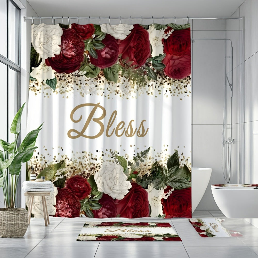 Rose Print Shower Curtain 4-Piece Bathroom Set – Toilet Lid Cover Mat Machine Washable with 12 Hooks Elegant Floral Decor