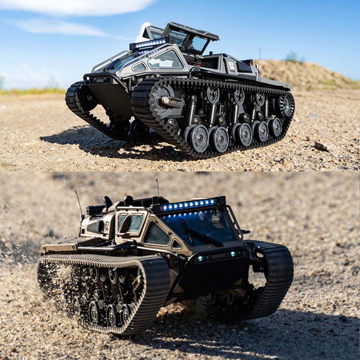 Full-Proportional RC Tracked Tank with LED Lights, Alloy Body Military Vehicle, Grey or Brown