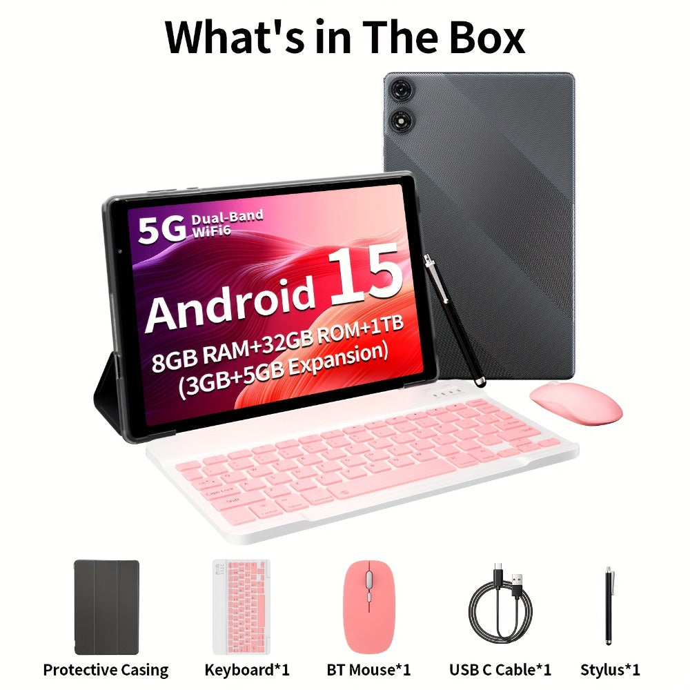 2-in-1 Tablet 10.1 Inch Android 15 8GB RAM 32GB ROM 1TB Expandable 6000mAh Battery WiFi Dual Camera with Optional Keyboard Mouse Protective Case & Stylus Pen – Gray