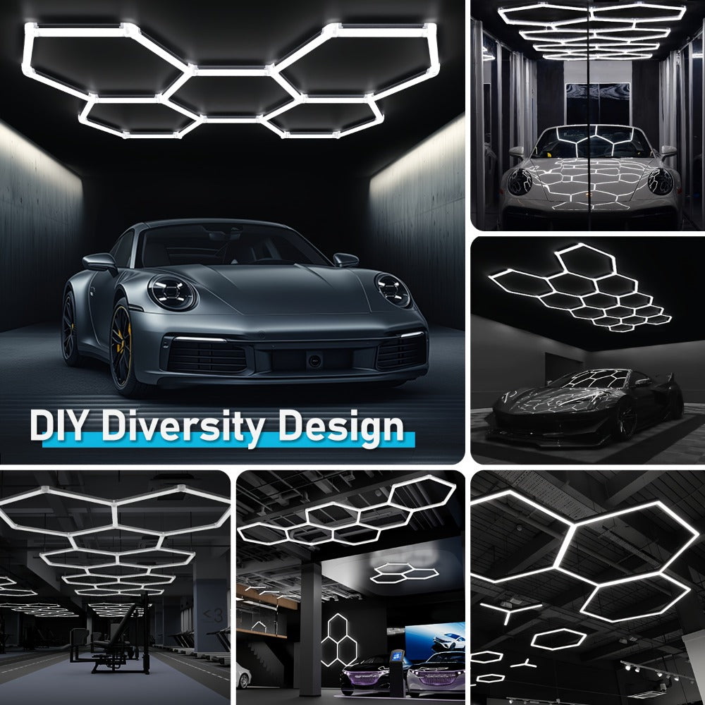 LED Hexagonal Garage Light 6500K – Super Bright Daylight White Shop Light 42W–620W for Auto Detailing, Warehouse, Workshop, Basement & Gym (1 to 32 Grids, Hex Frame Available)