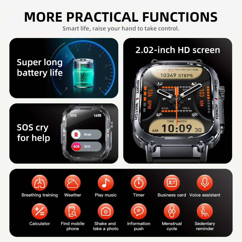 LED Flashlight Smartwatch for Men 2.02 Inch TFT Waterproof Wireless Calling Sleep Monitor Pedometer Activity Tracker iOS Android – Gift for Dad Boyfriend Husband