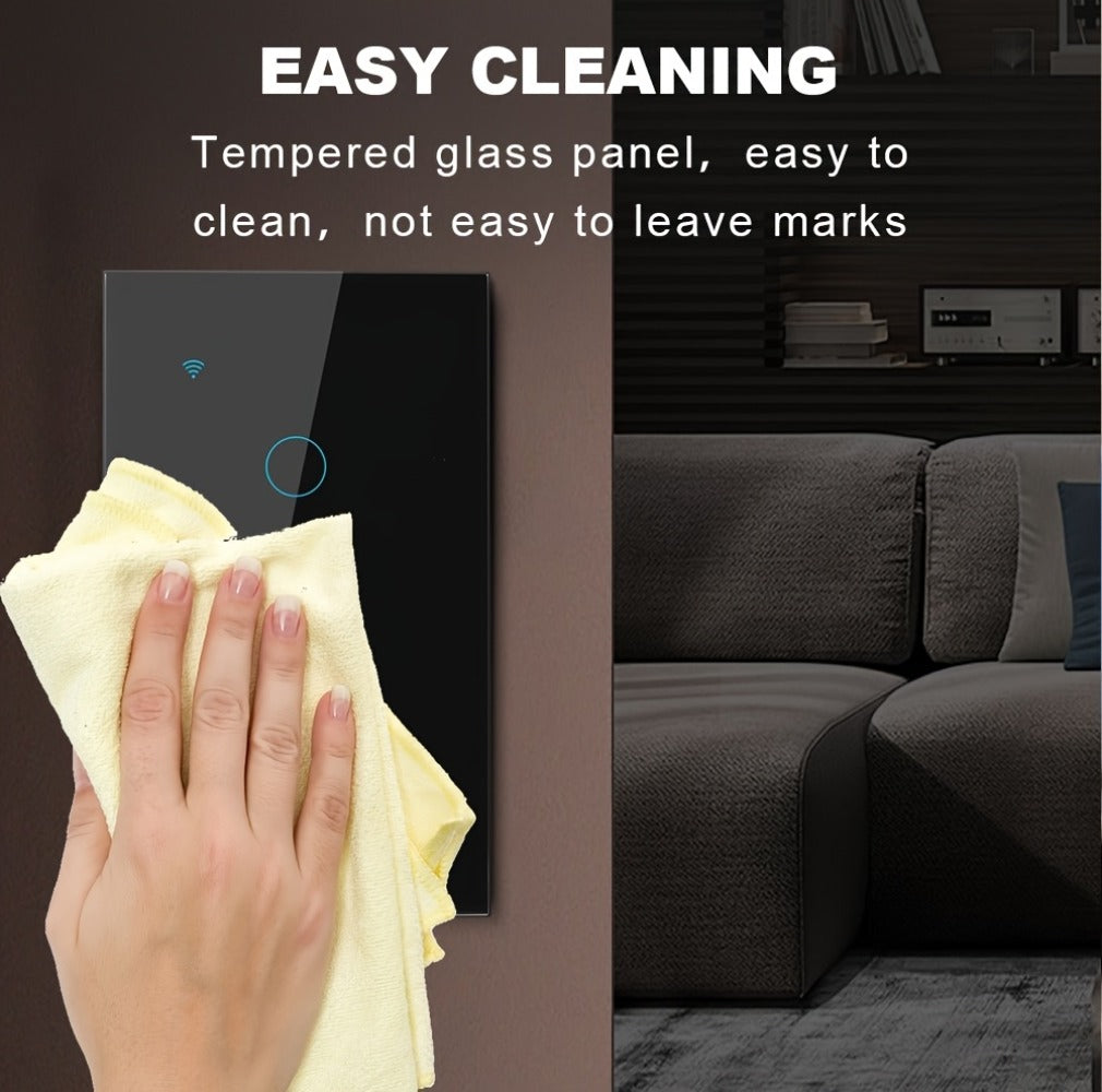 Black Tempered Glass WiFi Smart Light Switch 1/2/3/4 Gang – US Standard, Works with Alexa & Google Home, Tuya App, Smart Scenes, Timer, Voice & App Control, Neutral Wire Required, 100-240V