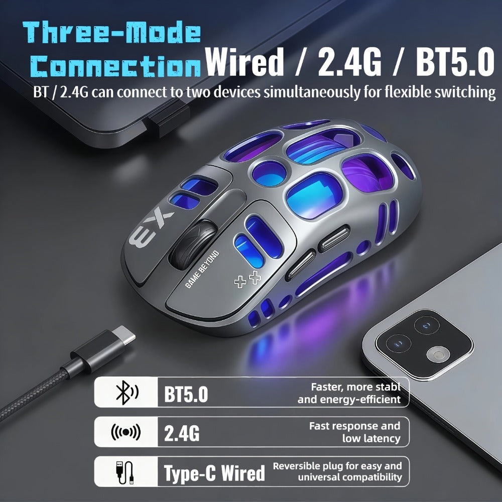 Bluetooth 5.0 2.4G Dual Mode Wireless RGB Gaming Mouse Silent 6 Button Ergonomic USB-C Rechargeable Breathing Light for PC Laptop Mac Tablet Office Gaming Tech Black Star Black White Gray