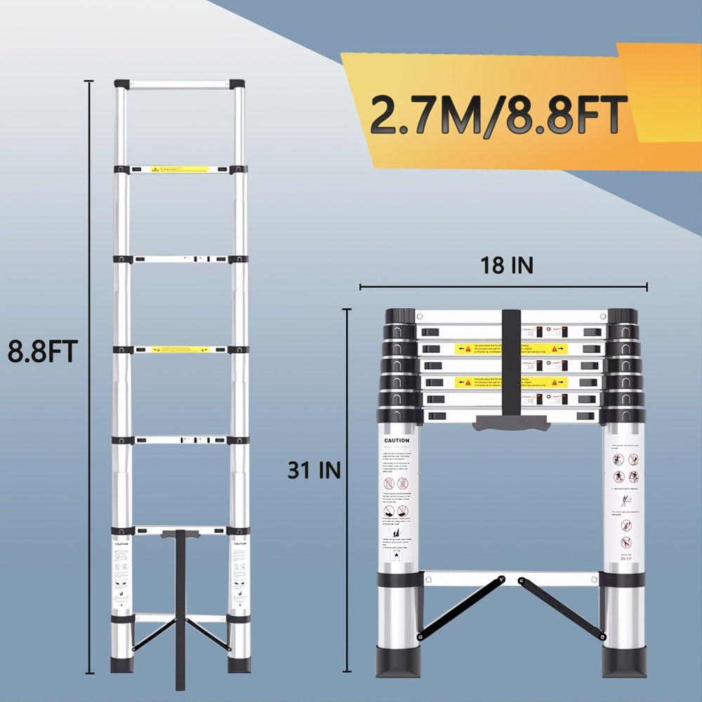 Telescoping Extension Ladder Aluminum Heavy Duty 330 LBS – 6.5 / 8.5 / 10.5 / 12.5 FT Folding Telescopic Ladder, Easy Store, Multi-Purpose for Roof Repair, Painting, Gutter Cleaning & Outdoor Work
