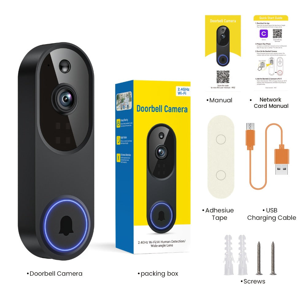 166° Ultra Wide Angle Smart Doorbell Camera 2K HD Wireless WiFi – AI Human Detection, Two-Way Audio, Night Vision, Cloud Storage, Rechargeable Battery, 2.4GHz, Black Linen Purple