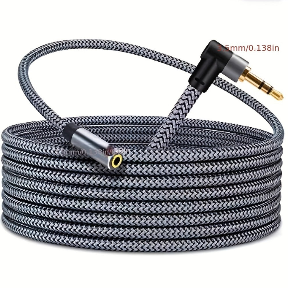 Right-Angle Elbow 3.5mm Female to Male AUX Extension Cable – Tinned Copper Core, Round Tangle-Free Design, Universal for Car, Computer, Phone & Speaker Audio Connections, 3 Lengths
