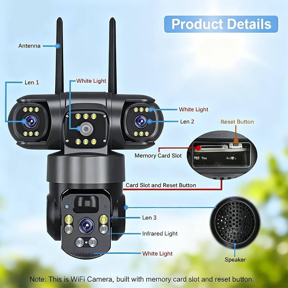 4K Solar Powered Outdoor Security Camera PTZ 360° Triple Lens Panoramic 10X Zoom 8000mAh Battery WiFi AI Human Detection Color Night Vision Two-Way Audio Driveway Farm