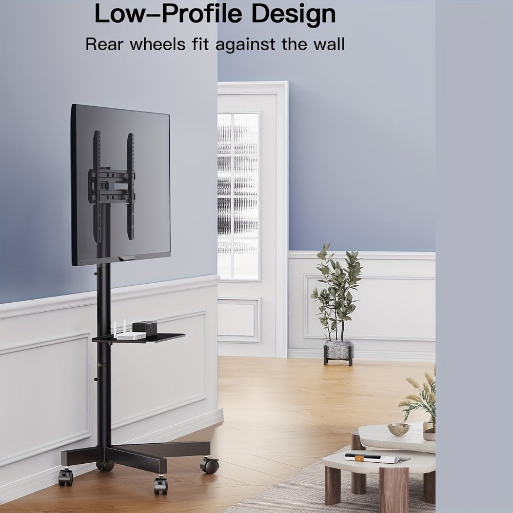 Rolling TV Cart Stand for 23-60 Inch TVs – Height Adjustable 12-24", Lockable Wheels, Media Shelf, Cable Management, 55 lbs Capacity, VESA 100-400mm, Home Office & Commercial Use, Black