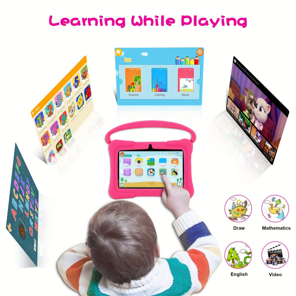 Veidoo Kids Tablet 7 Inch Android Eye Protection Screen Parental Controls Drop-Proof Silicone Case Dual Camera Educational Games WiFi 1GB 16GB 2GB 32GB Children Learning Tablet Pink Blue Purple