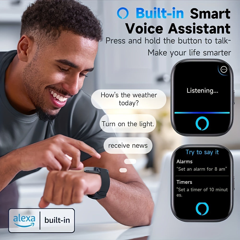 Alexa Built-in Smartwatch 1.95 Inch 360p Large Screen 100+ Sport Modes Wireless Calling Step Counter Sleep Tracker Health Monitoring USB Rechargeable Wristband Compatible with Android iPhone – Black