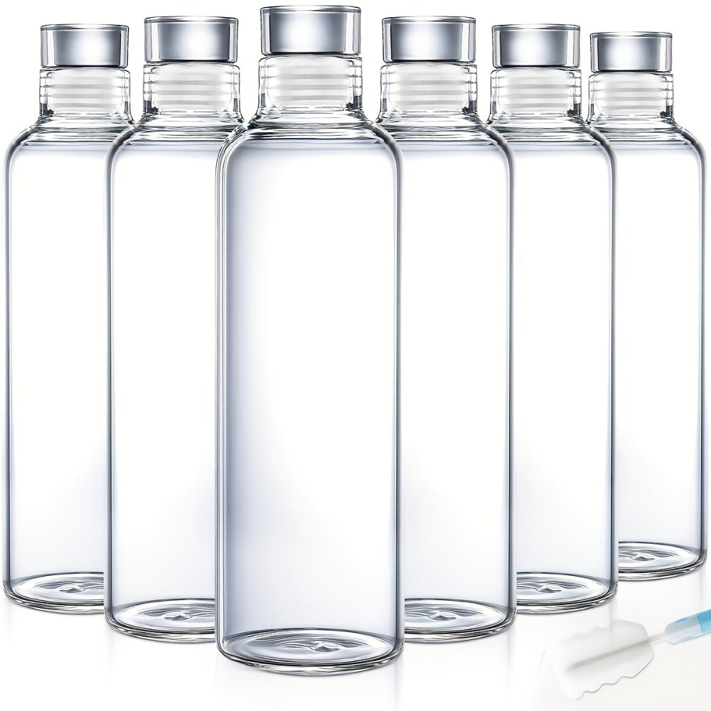 Borosilicate Glass Water Bottle Set of 6 with Lid Sleeve and Cleaning Brush – 18oz Reusable Juice Bottles | Non-Slip Sports Drinking Vessels for Home Office Gym Travel