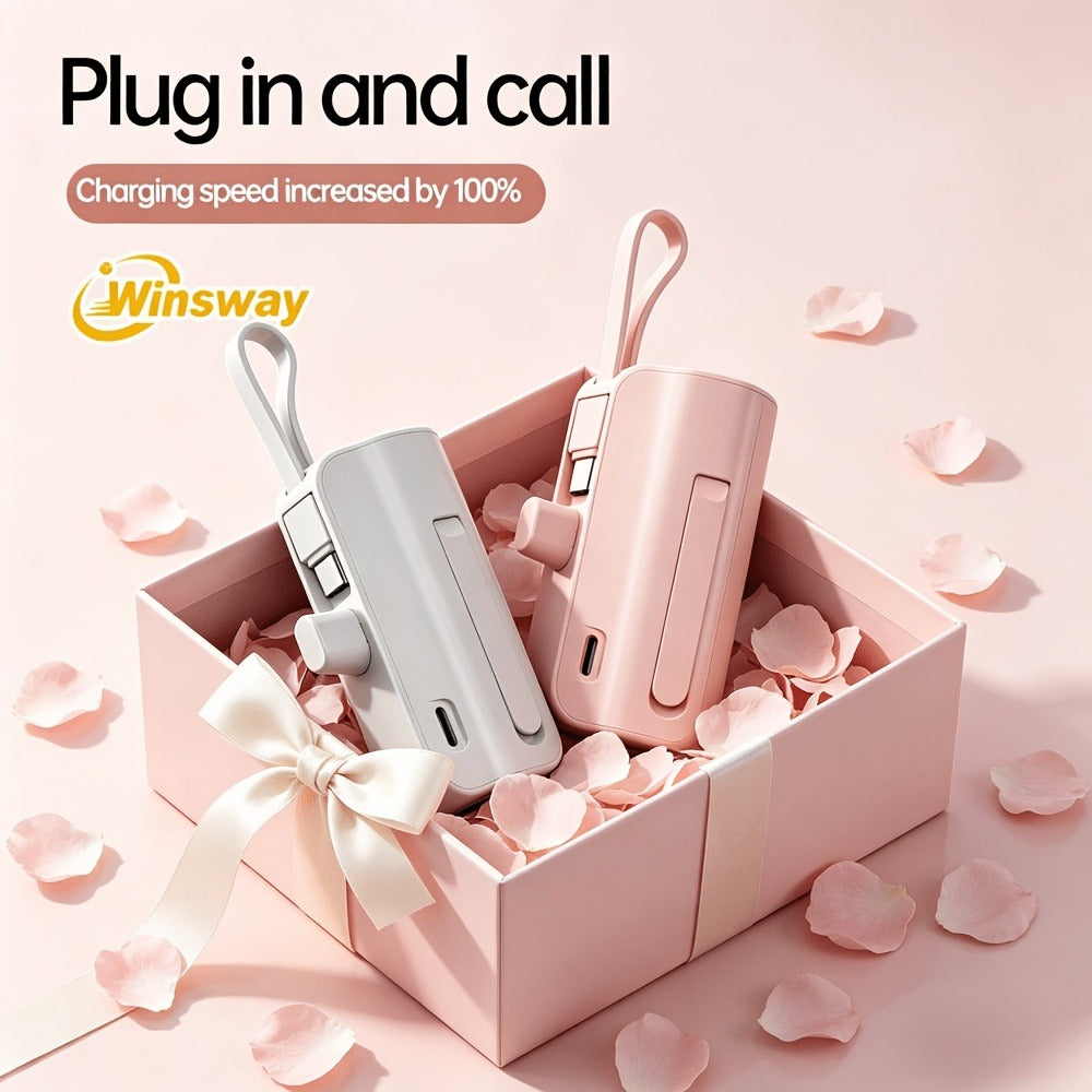 Capsule Mini Power Bank 5000mAh Dual Port Wireless Charging Phone Holder Fast Charge USB-C Cable Charge Two Phones at Once Pocket Portable Charger for Android Samsung iPhone