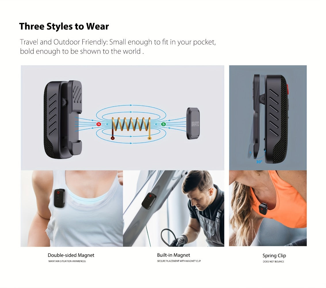 Wearable Bluetooth Speaker with Magnetic Clip, IPX5 Waterproof Mini Wireless Speaker with Mic, 18-Hour Battery, Dustproof Portable Speaker for Workouts, Travel, Hiking, Live Music & Hands-Free Calls
