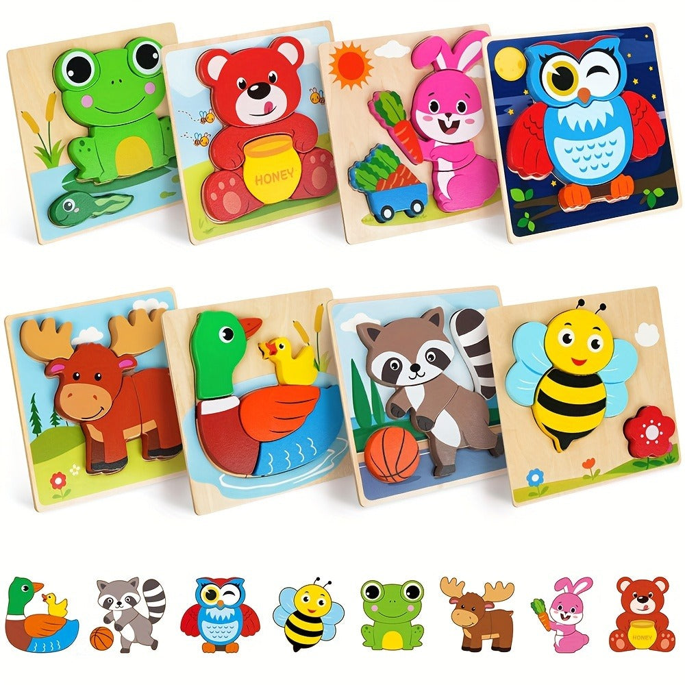 Wooden Animal Puzzles for Toddlers 12 Months+, 8-Pack with Bear, Bunny, Owl, Duck & More