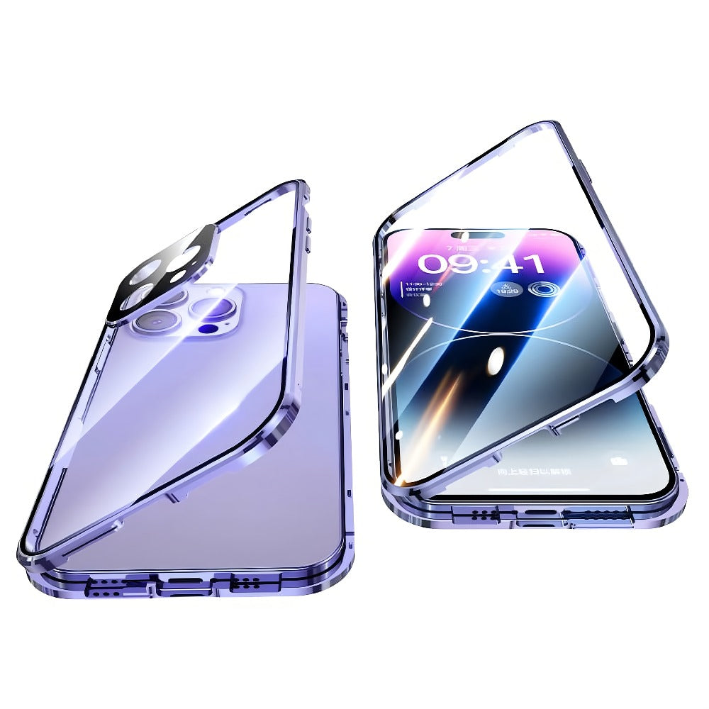 Double-Sided Glass iPhone Case with Stand 2-Piece Set Magnetic 360 Metal Frame Privacy Safety Lock Lens Protection for iPhone 16 Pro Max 16 Pro 16 Plus 16 15 Pro Max 14 Pro Max