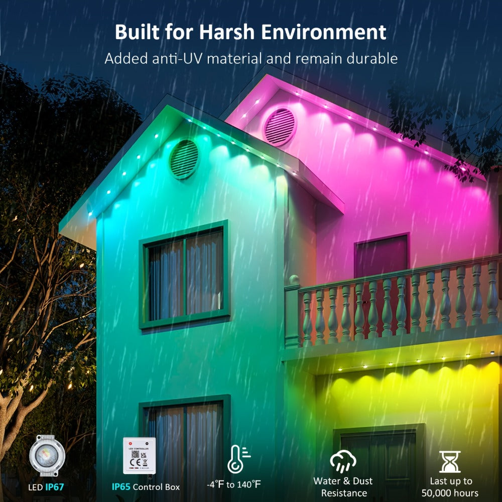 Permanent Outdoor Lights for Eaves RGB Color Changing – Music Sync, Dimmable, Timer | Multicolor & Warm White | 19FT to 200FT | Christmas Holiday Roofline Lighting