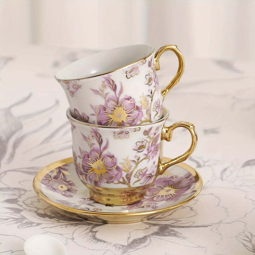 Floral Ceramic Tea Set 20 Pcs – European Porcelain Tea Cups & Saucers with Metal Holder & 15 Oz Teapot – Luxury Arabic Coffee Cup Set for Espresso, Cappuccino & Afternoon Tea – Elegant Gift