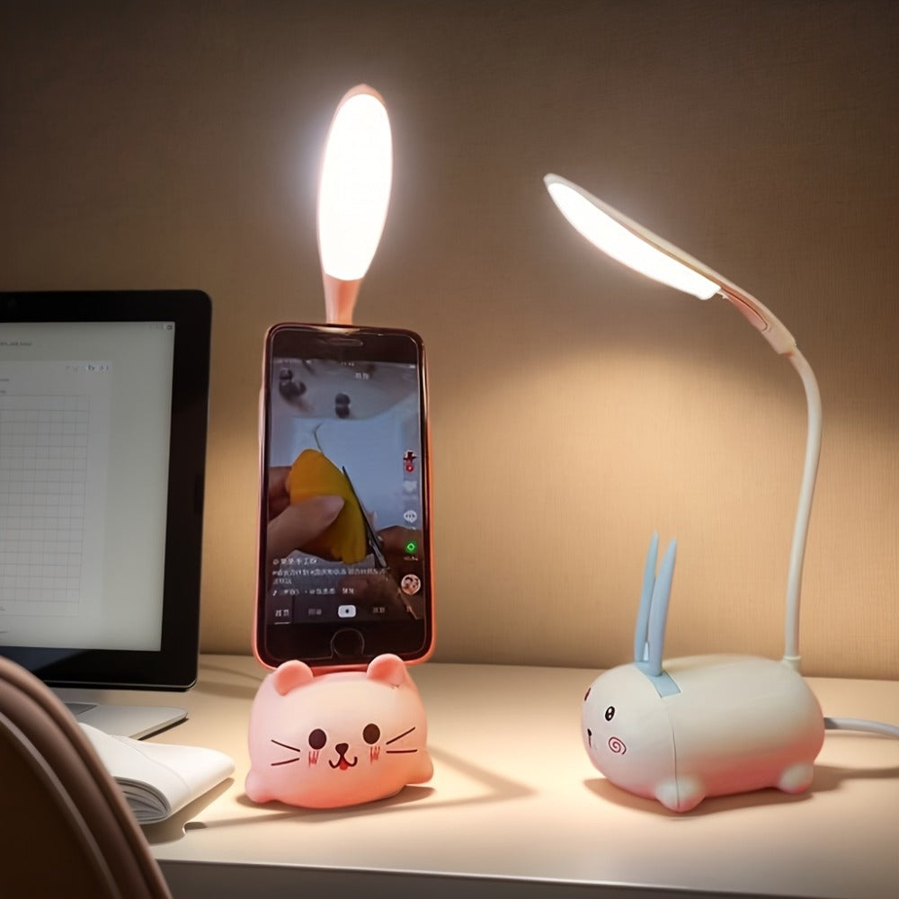 Cute Animal LED Night Light – Mini Cartoon Table Lamp, Foldable USB Rechargeable, Portable Desk Reading Light for Bedroom Kids Room, Blue Bunny Cat Styles, Kawaii Room Decor Lamp
