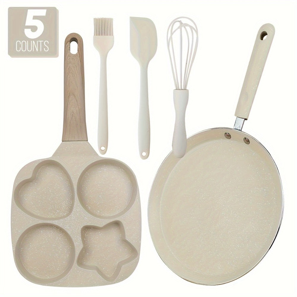 Non-Stick Cookware Set 5-Piece Beige – Pumice Stone Coating Egg Frying Pan Pancake Skillet with Kitchen Utensils | Aluminum Induction Compatible Home Cooking Set for Eggs Pancakes & Breakfast