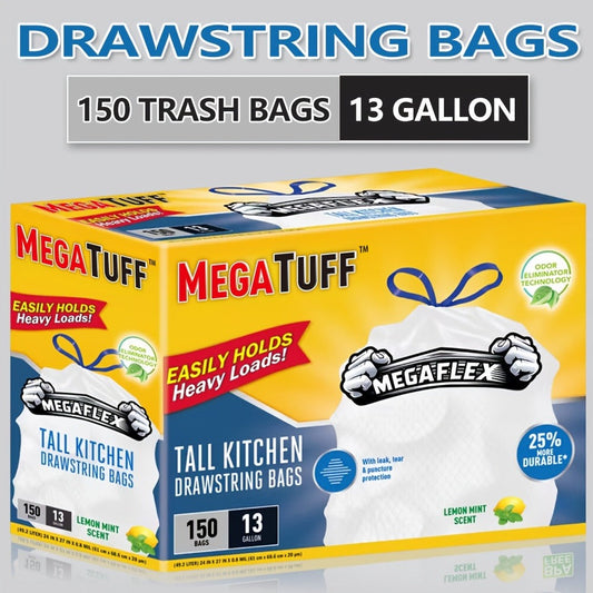 Drawstring Trash Bags, 13 Gallon, 150 Count, Lemon Mint Scent