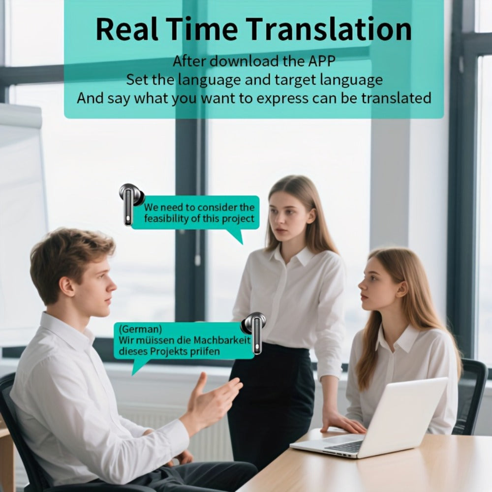6-Mic AI Translation Earphones 3-in-1 Smart Noise Cancelling, Translate 144 Languages HiFi Sound Long Battery Life, Universal Smartphone Wireless Earbuds for Business Travel Meetings International Use