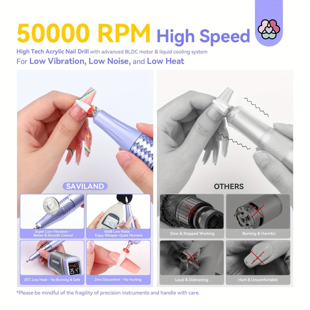 Purple Nail Drill Machine – Rechargeable Cordless Electric Nail Efile for Acrylic & Gel Nails | Professional Variable Speed Nail Drill for Manicure, Pedicure & Cuticle Care, Home & Salon Use