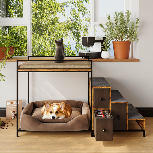 Cat Window Perch with Stairs and 3 Storage Drawers, Foam-Padded Pet Bunk Bed