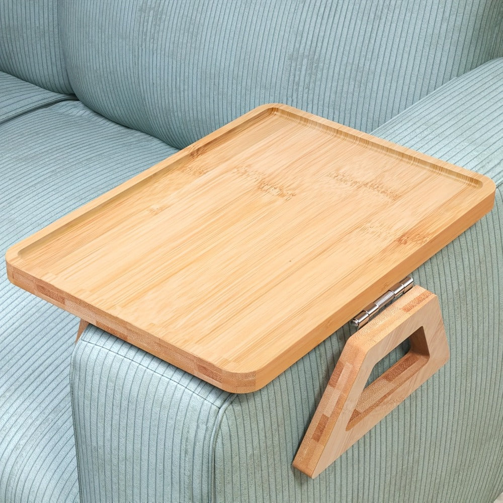 Bamboo Sofa Arm Tray with Folding Legs – Clip-On Couch Armrest Table for Snacks Drinks Remote Control Living Room Bedroom Breakfast Tray Natural Rectangular