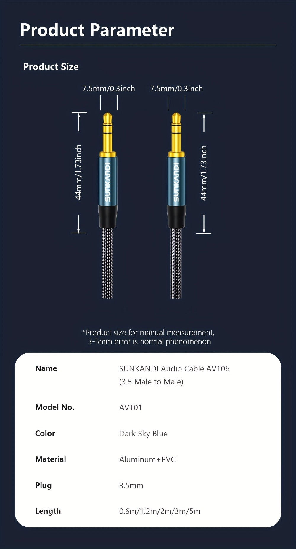 3.5mm Male to Male AUX Audio Cable – Durable Tangle-Free Stereo Cord for Car, Headphones, Speakers, Smartphones & Home Stereo, Available in 3 Lengths by SUNKANDI